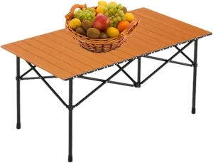 Folding Camping Table, Portable Picnic Table with Carry Bag, Lightweight Aluminum Roll-Up Design for Camping, Backpacking, Beach, BBQ, and Outdoor Parties Wood Color 95×55×50cm/37×21×19.7in
