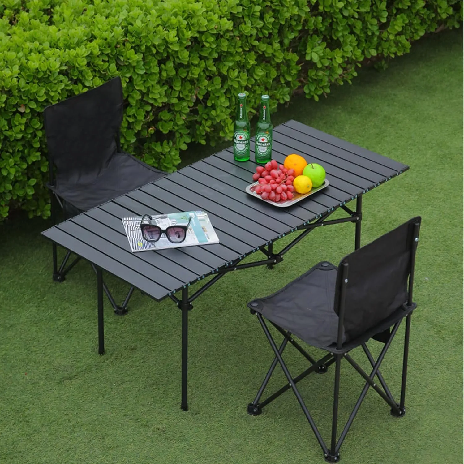 Folding Camping Table, Portable Picnic Table with Carry Bag, Lightweight Aluminum Roll-Up Design for Camping, Backpacking, Beach, BBQ, and Outdoor Parties Wood Color 95×55×50cm/37×21×19.7in