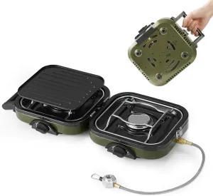 Folding Gas Stove Stove, Frying Pan, Double-Fire Gas Camping Stove with Adjustable Burners, Portable Iron Skillet Perfect for Camping & Hiking