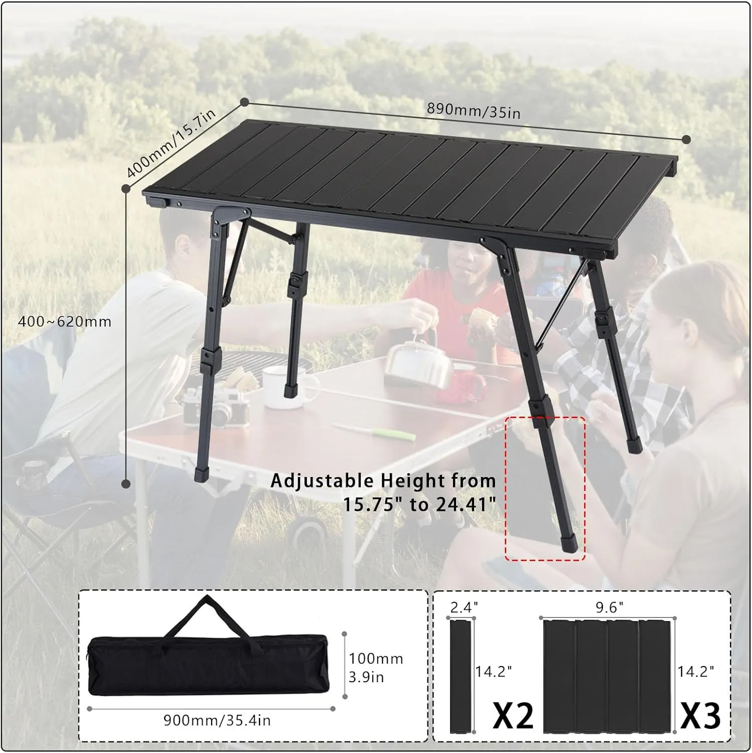Folding IGT Camping Table with Adjustable Height, Portable Outdoor IGT Cook System, Ultralight Aluminum Camp Table with Carry Bag for Car Camping Picnic RV Trip Patio Backyard BBQ