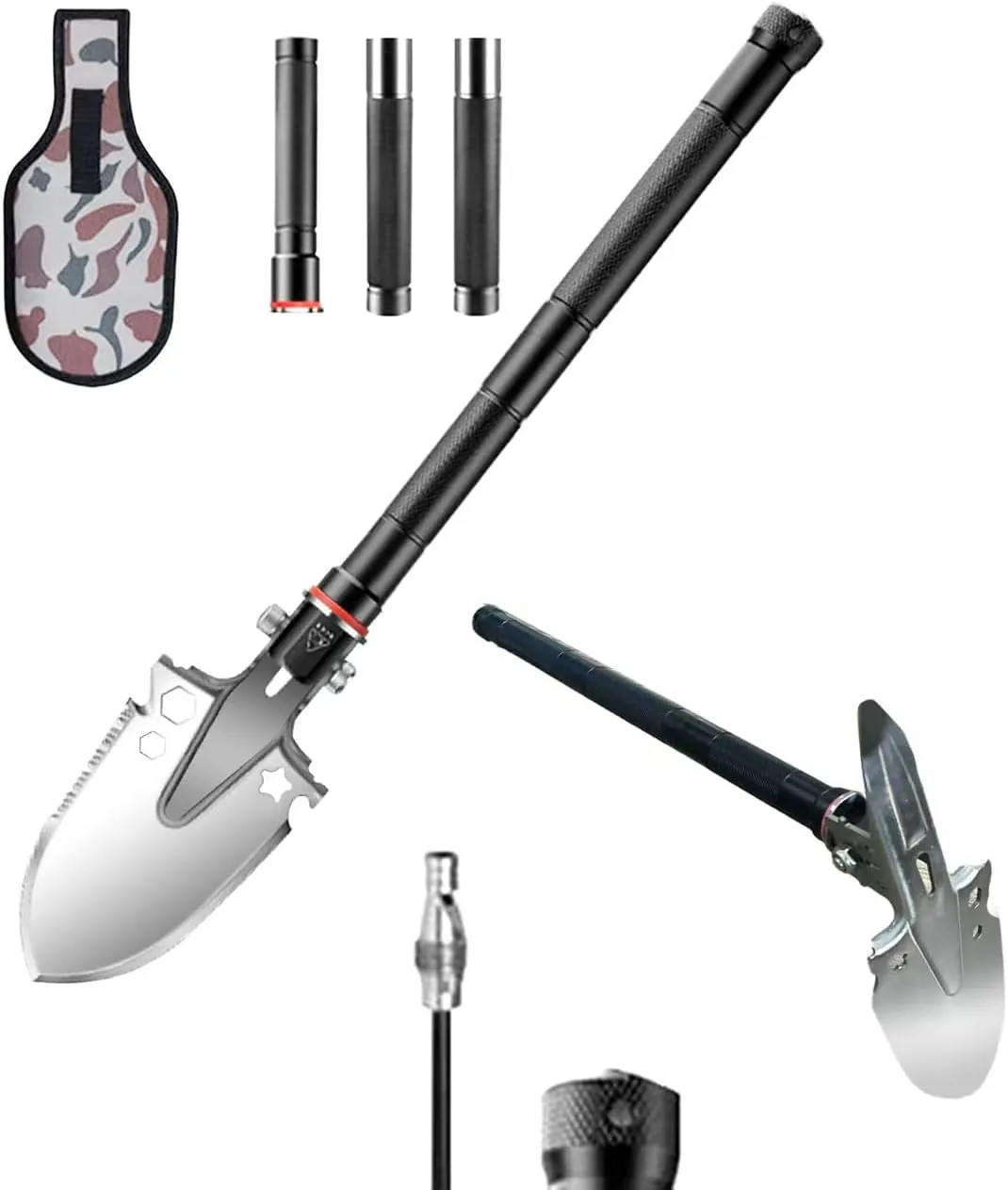Folding Survival Shovel with Pickaxe, Portable Camping Shovel for Outdoor, Tactical Unbreakable Military Spade Multitool Survival Gear and Equipment for Off Road Backpacking Hiking Car Emergency