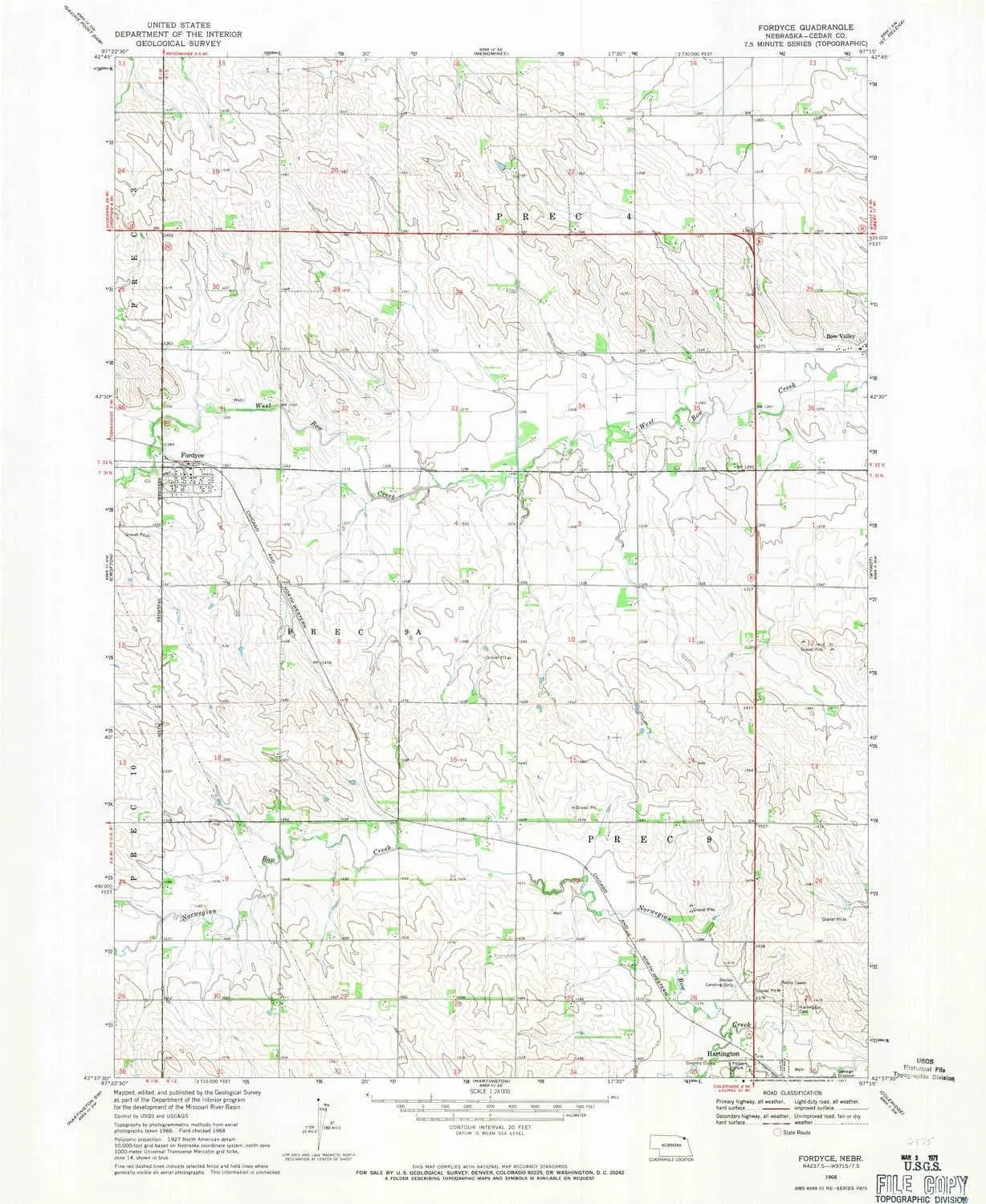 Fordyce NE topo map, 1:24000 Scale, 7.5 X 7.5 Minute, Historical, 1968, Updated 1971, 26.9 x 22 in