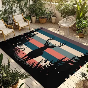 Forest Elk Outdoor Rug 4x6ft Large Patio Rug,Washable RV Camping Outside Area Runner Rug Mat,Multicolors Geometric Stripes Plant Tree Carpet for Picnic Backyard Deck Porch Balcony Beach & Indoor