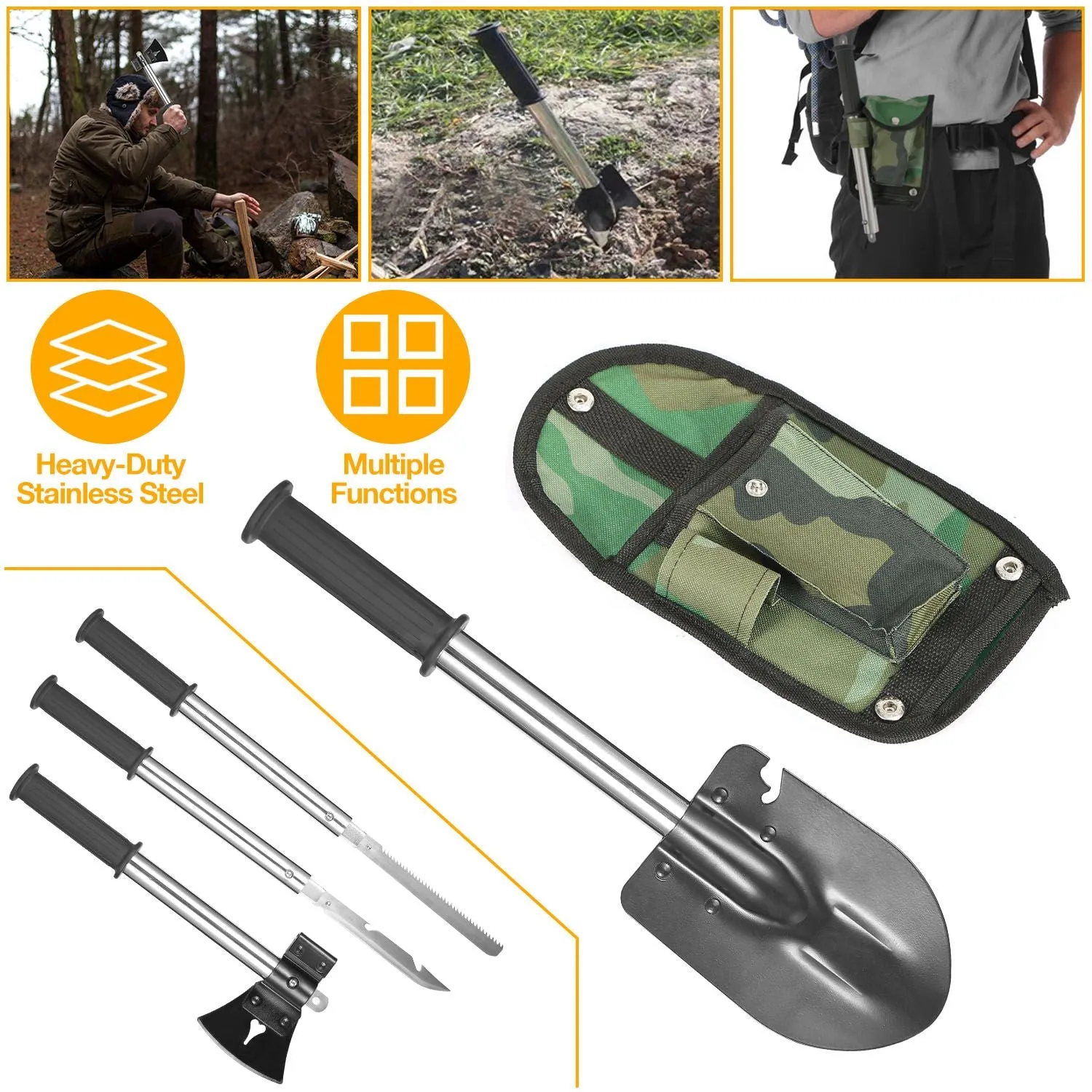 ForgeTrail™ 6-in-1 Survival Tool Set – Axe, Shovel, Knife & Saw Combo Kit