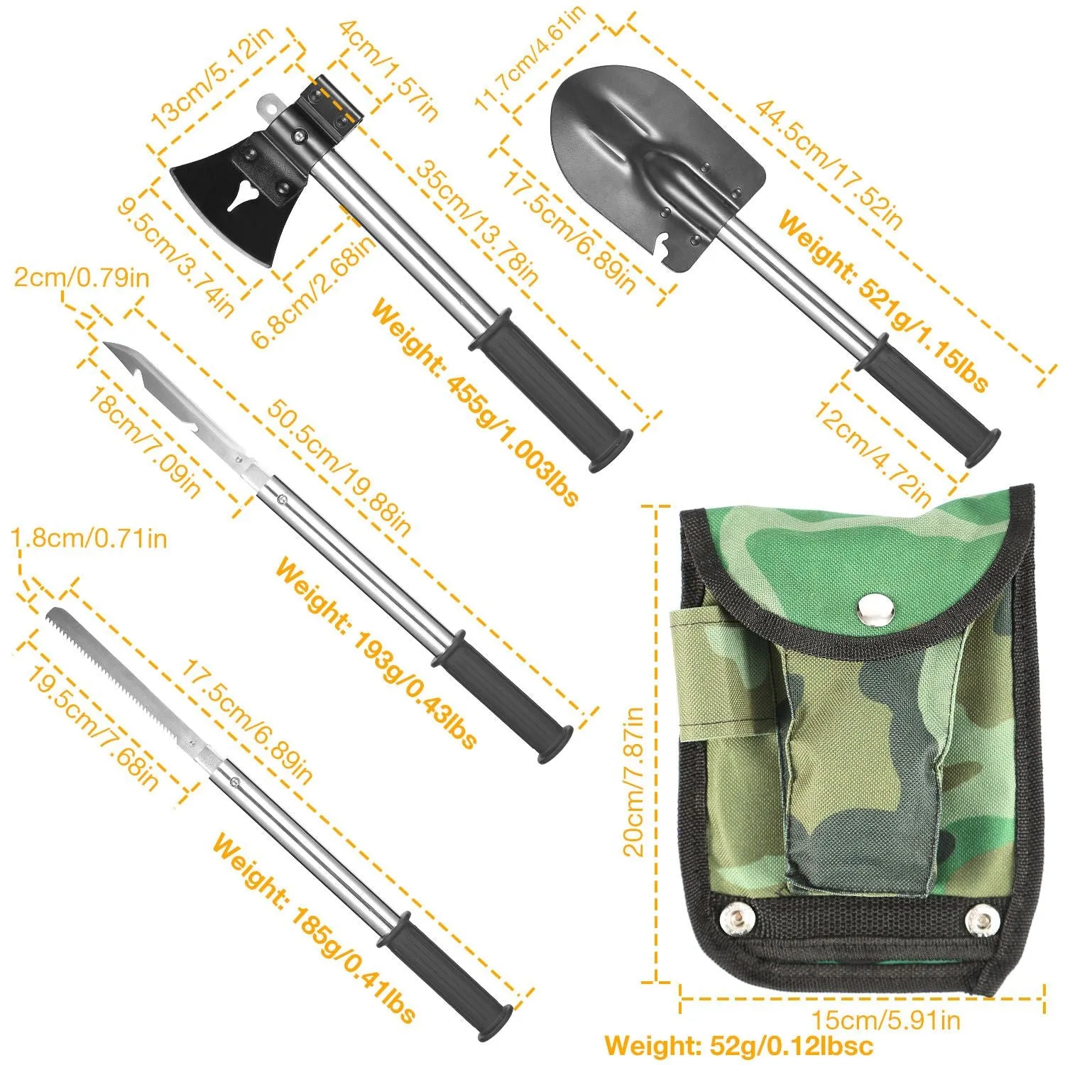 ForgeTrail™ 6-in-1 Survival Tool Set – Axe, Shovel, Knife & Saw Combo Kit