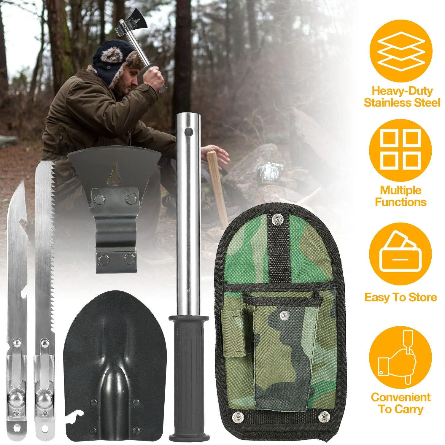 ForgeTrail™ 6-in-1 Survival Tool Set – Axe, Shovel, Knife & Saw Combo Kit