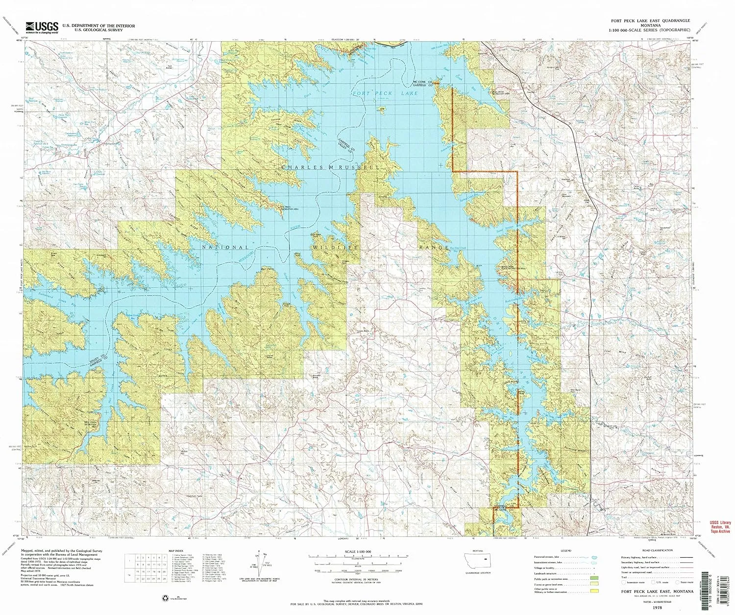 Fort Peck Lake East MT topo map, 1:100000 Scale, 30 X 60 Minute, Historical, 1978, Updated 1978, 28.1 x 33 in