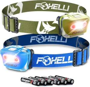 Foxelli LED Headlamp Bundle of 2 - Khaki & Blue: Waterproof, White & Red Light, Comfortable Band, 3 AAA Batteries Included