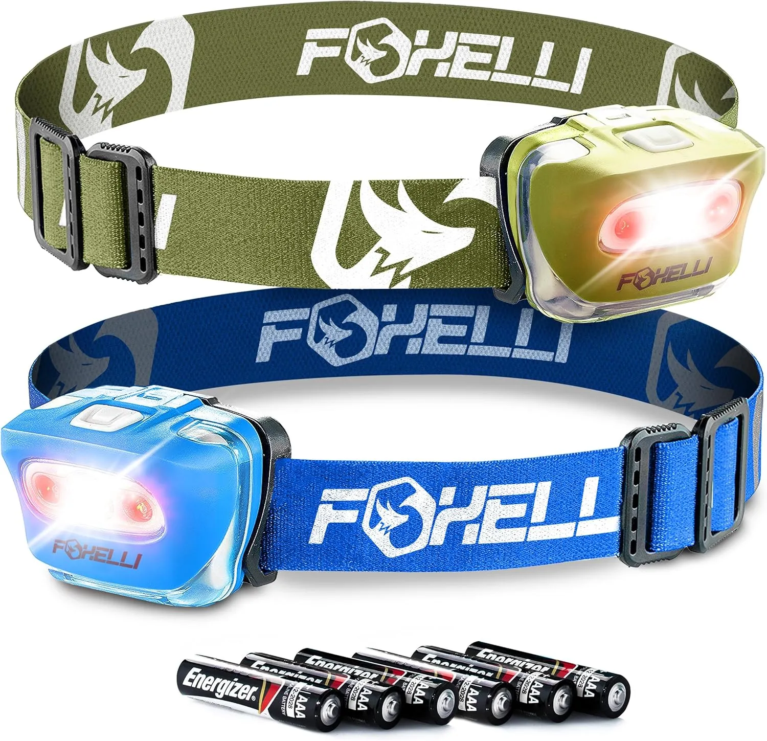 Foxelli LED Headlamp Bundle of 2 - Khaki & Blue: Waterproof, White & Red Light, Comfortable Band, 3 AAA Batteries Included