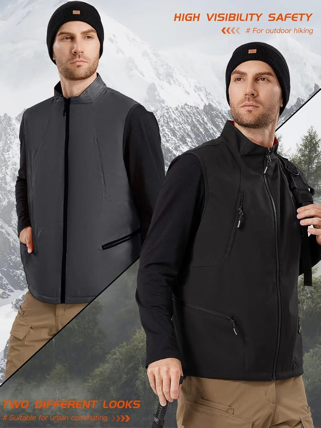 FREE SOLDIER Men's Warm Golf Vest Outerwear Windproof Reversible Puffer Vest Sleeveless Jacket for Casual Hiking Travel