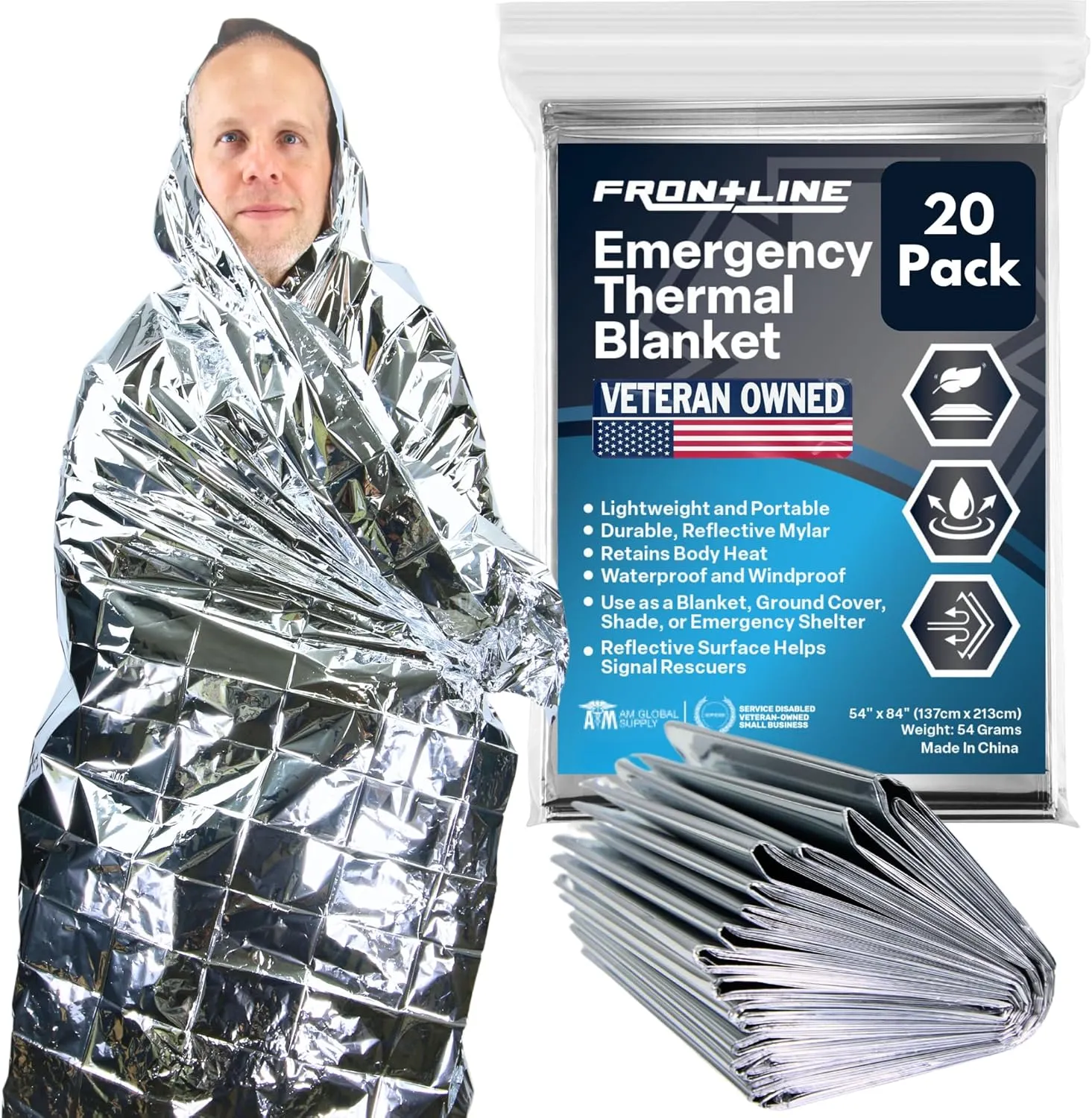 FRONTLINE Emergency Thermal Blankets Large 54" x 84" Mylar Blankets Survival Gear Camping Gear Emergency Space Blanket First Aid for Survival (20)