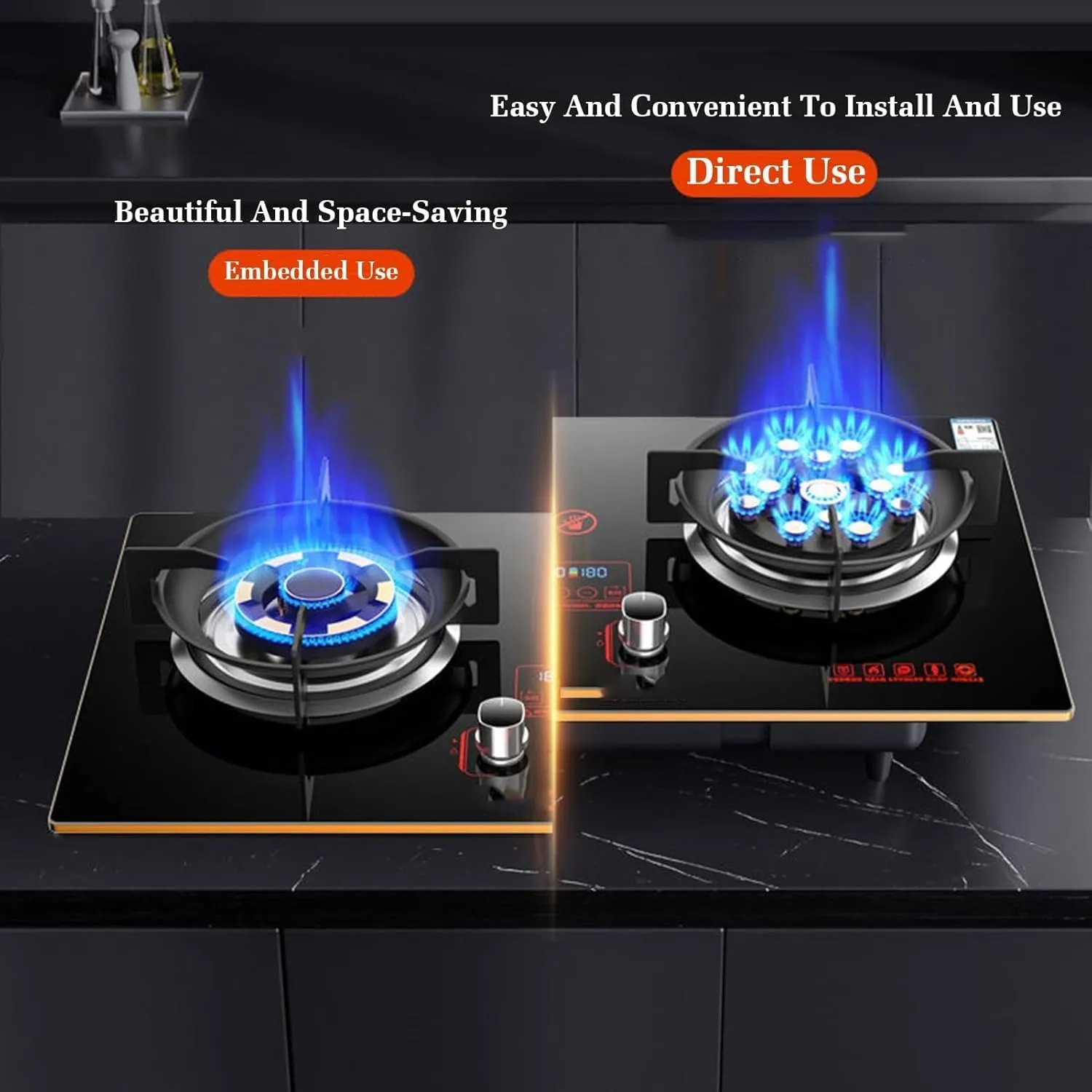 Gas Stove 2 Burners Thirteen Chambers 7.6KW Tempered Glass Ignition Camping Dual Burner LPG/Natural Gas, Accidental Flameout Protection Device(NG)