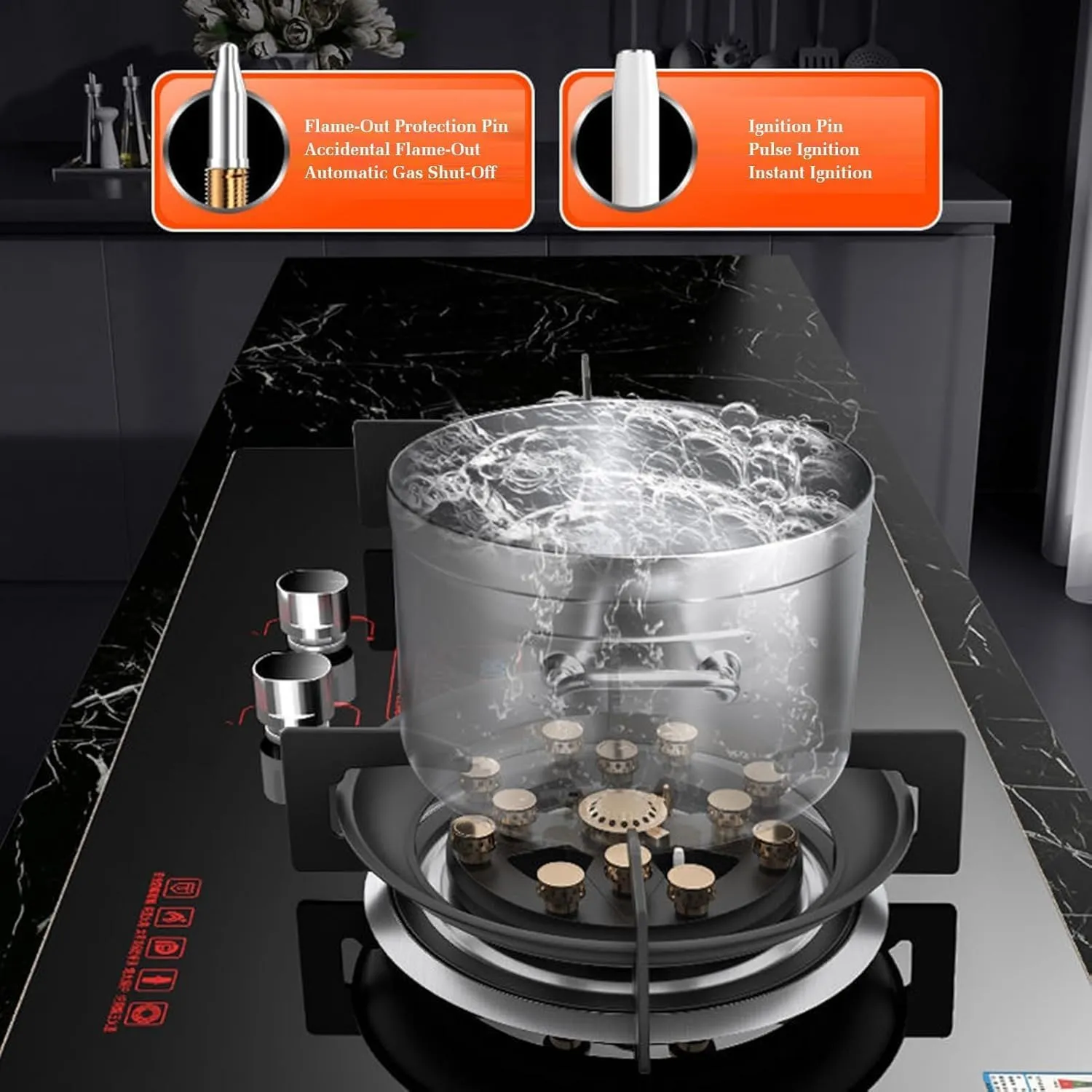 Gas Stove 2 Burners Thirteen Chambers 7.6KW Tempered Glass Ignition Camping Dual Burner LPG/Natural Gas, Accidental Flameout Protection Device(NG)