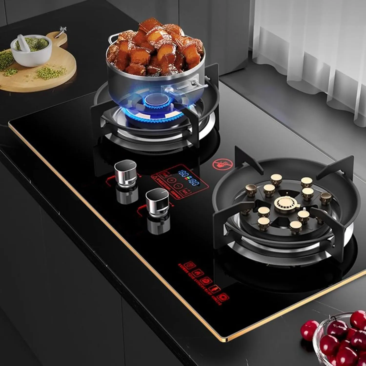 Gas Stove 2 Burners Thirteen Chambers 7.6KW Tempered Glass Ignition Camping Dual Burner LPG/Natural Gas, Accidental Flameout Protection Device(NG)