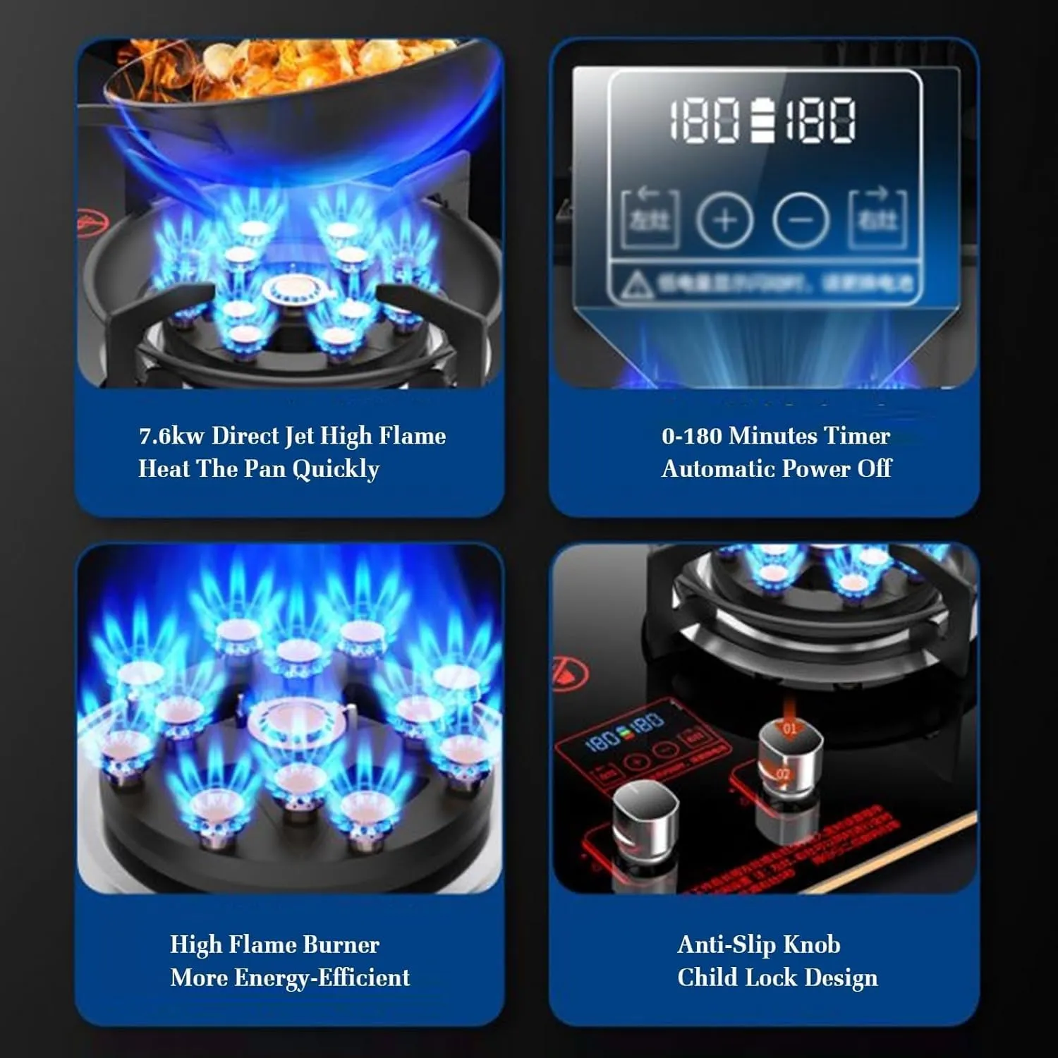 Gas Stove 2 Burners Thirteen Chambers 7.6KW Tempered Glass Ignition Camping Dual Burner LPG/Natural Gas, Accidental Flameout Protection Device(NG)