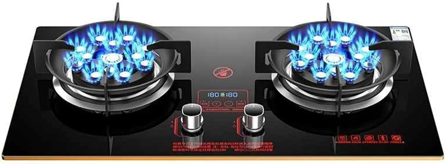 Gas Stove 2 Burners Thirteen Chambers 7.6KW Tempered Glass Ignition Camping Dual Burner LPG/Natural Gas, Accidental Flameout Protection Device(NG)