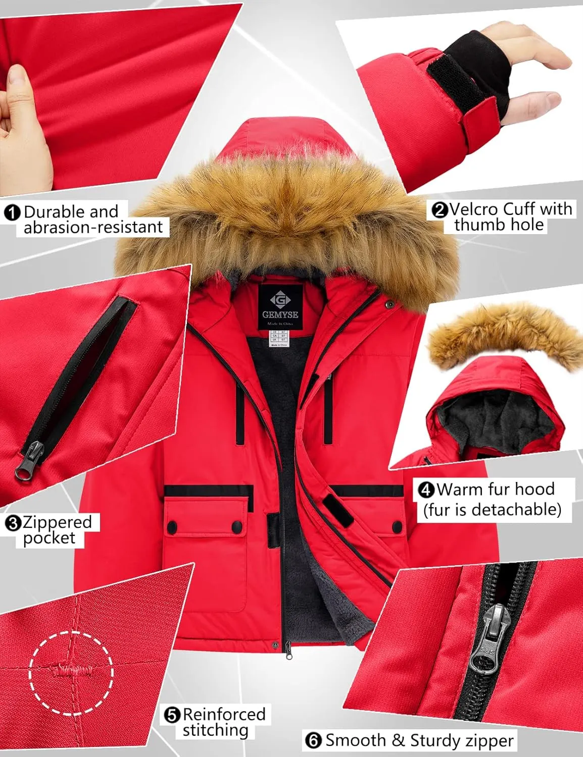 GEMYSE Boy's Winter Waterproof Ski Snow Jacket Hooded Fleece Windproof Jacket