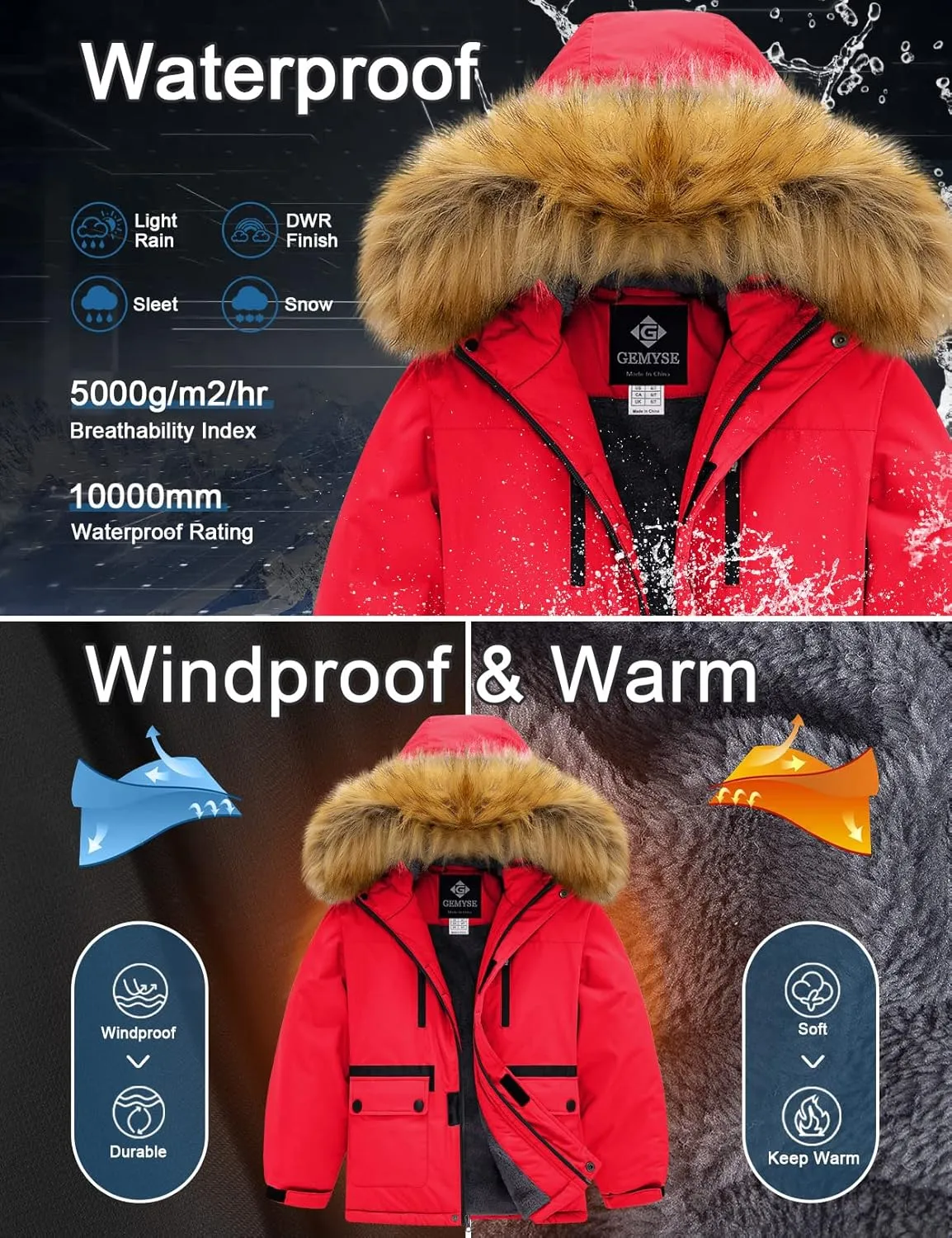 GEMYSE Boy's Winter Waterproof Ski Snow Jacket Hooded Fleece Windproof Jacket