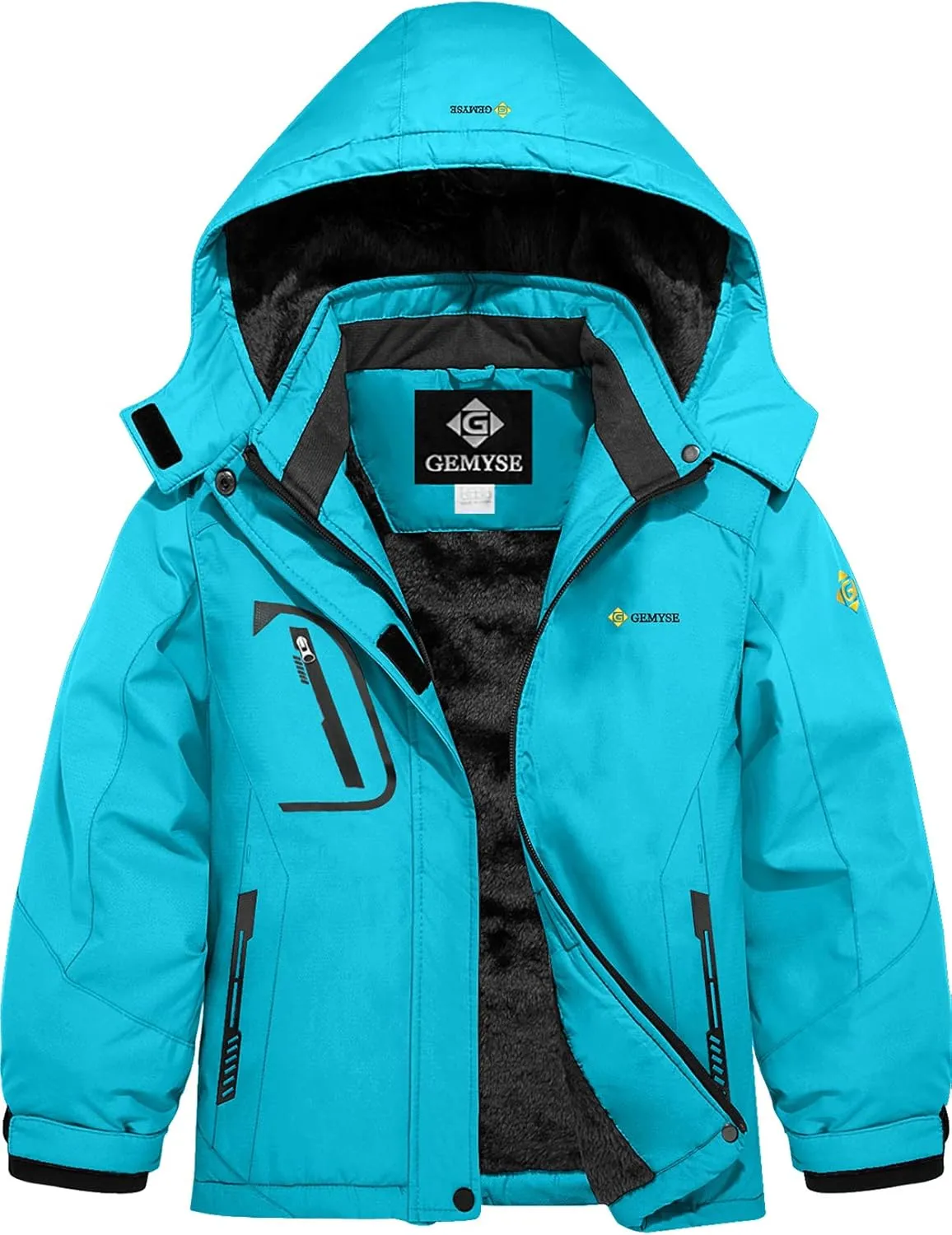 GEMYSE Girl's Waterproof Ski Snow Jacket Fleece Windproof Winter Jacket with Hood (Light Blue,14/16)