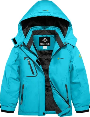 GEMYSE Girl's Waterproof Ski Snow Jacket Fleece Windproof Winter Jacket with Hood (Light Blue,14/16)