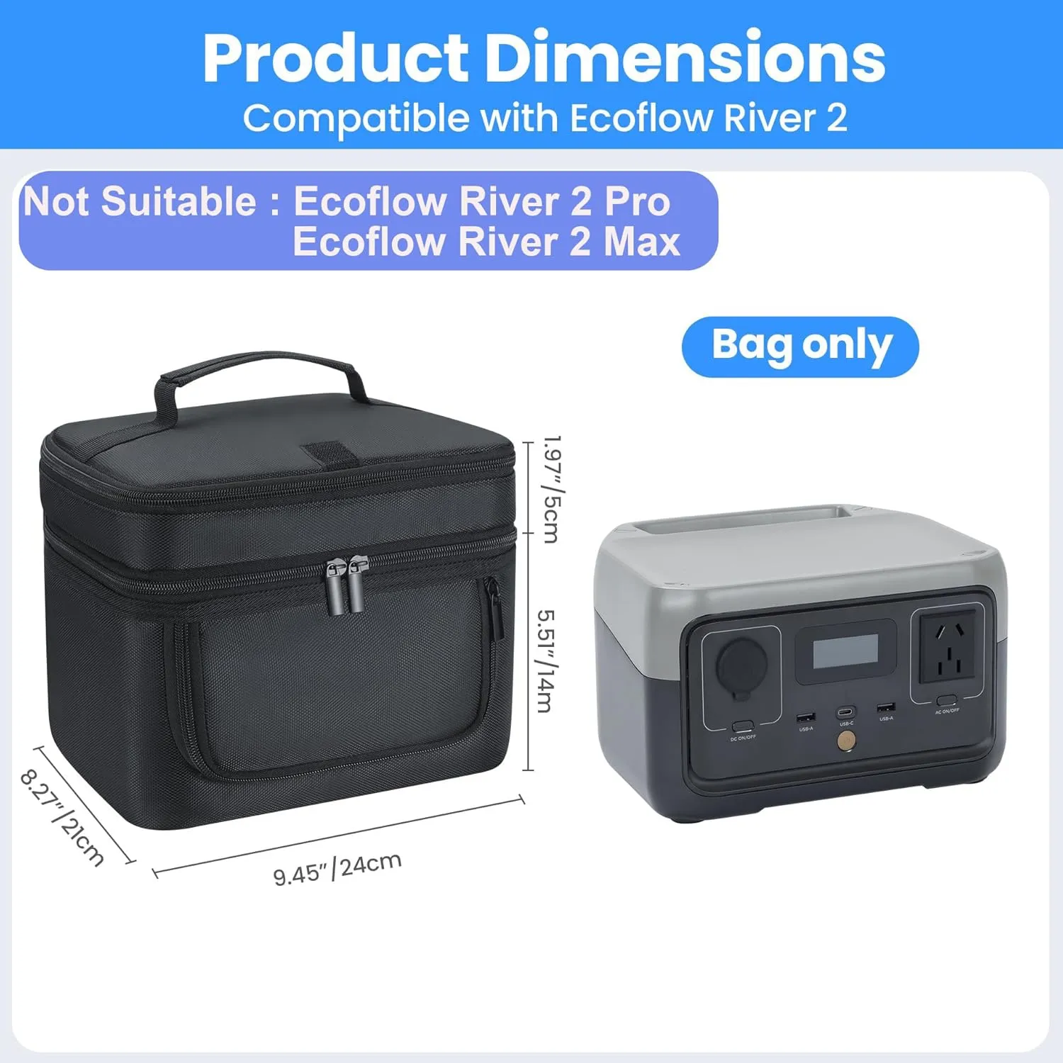 Generator Cover Compatible with ECOFLOW River 2, Soft Carrying Bag with Side Zipper, Adjustable Shoulder Strap, 9.45''8.27''5.51'' (Black, For River 2)
