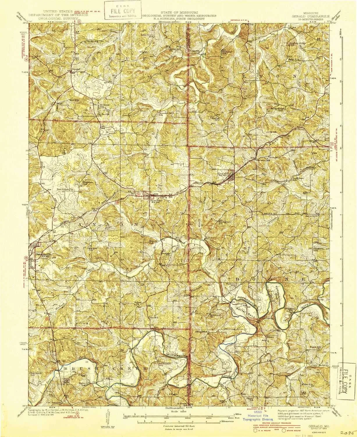 Gerald MO topo map, 1:62500 Scale, 15 X 15 Minute, Historical, 1944, 19.9 x 16.3 in
