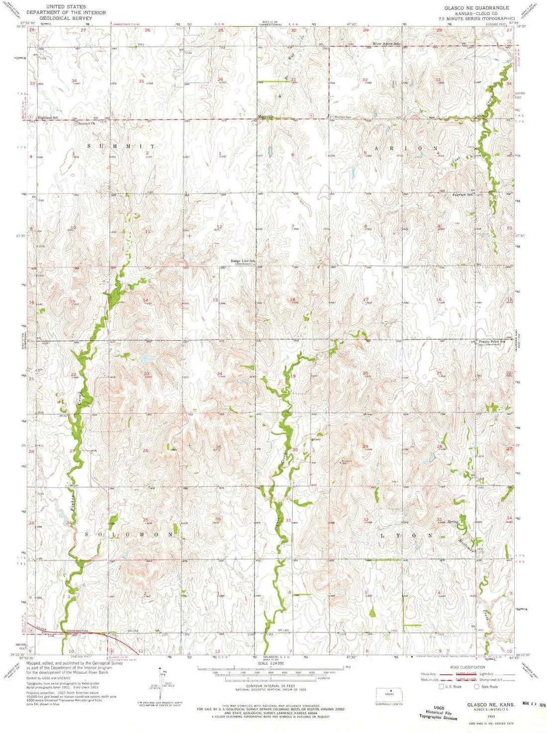 Glasco NE KS topo map, 1:24000 Scale, 7.5 X 7.5 Minute, Historical, 1953, Updated 1976, 27.04 x 21.06 in