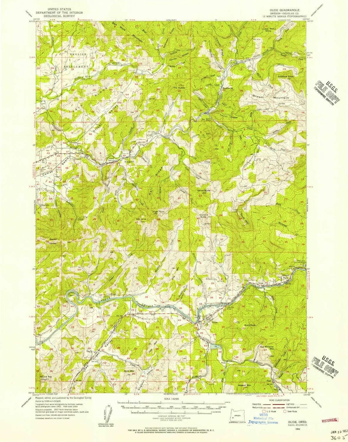 Glide OR topo map, 1:62500 Scale, 15 X 15 Minute, Historical, 1954, Updated 1957, 20.8 x 16.4 in