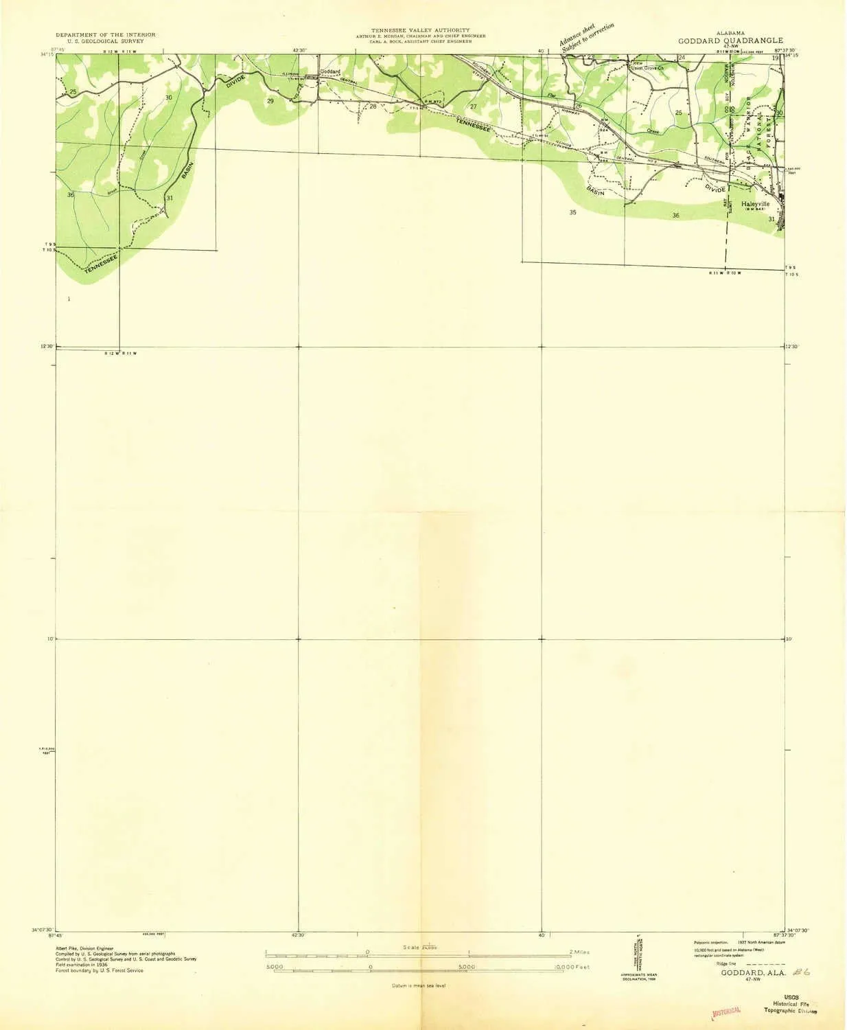 Goddard AL topo map, 1:24000 Scale, 7.5 X 7.5 Minute, Historical, 1936, 26.7 x 22 in