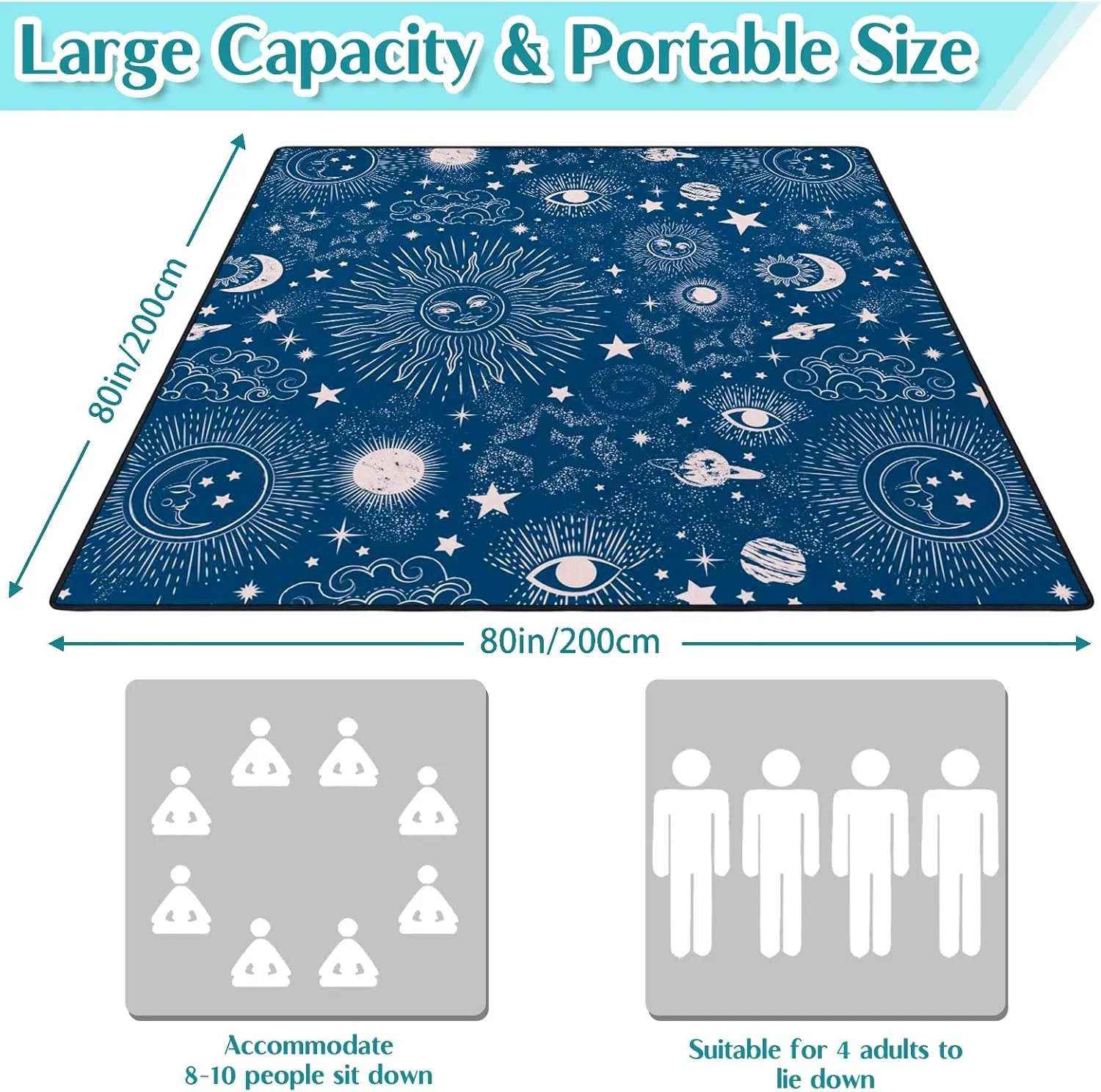 Gothic Picnic Blankets Waterproof Foldable,80″X80″ Sun and Moon Thick Picnic Mat Outdoor Blanket for Grass,Blue Large Beach Blanket Sandproof Picnic Accessories for Camping Picnic Party Park