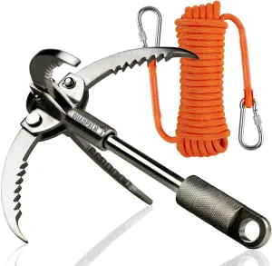 Grappling Hook and Rope 10M (32ft) - Multifunctional Heavy Duty Survival Hook - 4 Stainless Steel Folding Claws - Survival Gear - Outdoors Camping Hiking