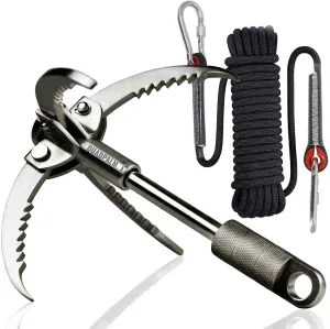 Grappling Hook and Rope 10M (32ft) - Multifunctional Heavy Duty Survival Hook - 4 Stainless Steel Folding Claws - Survival Gear - Outdoors Camping Hiking