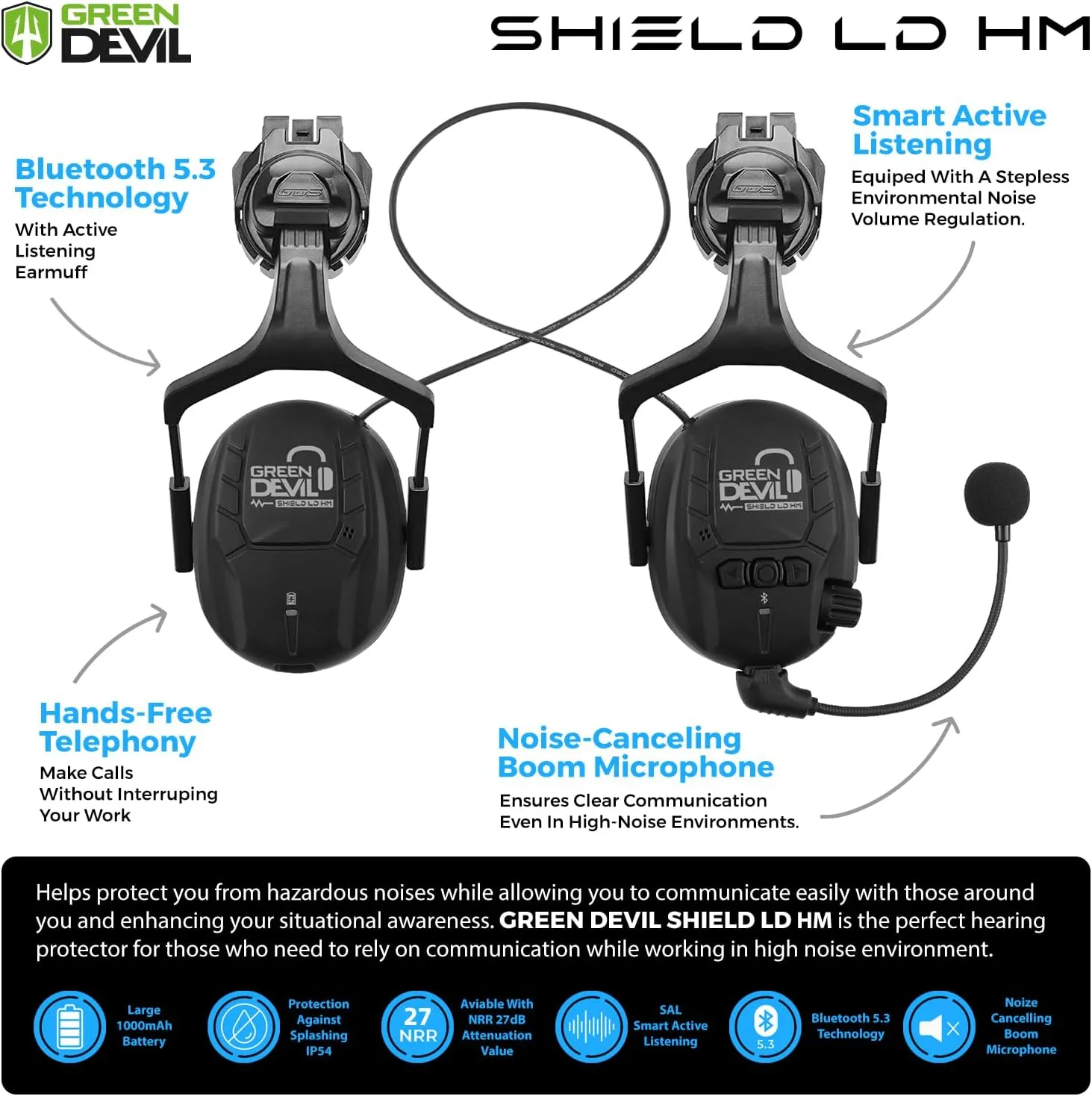 GREEN DEVIL Hard Hat Safety Helmet with Visor Bluetooth Ear Muffs and Headlamp 5 in 1 Full Protection Vented Work Hardhat ANSI Z89.1 Cascos De Construccion for Industrial Construction Forestry