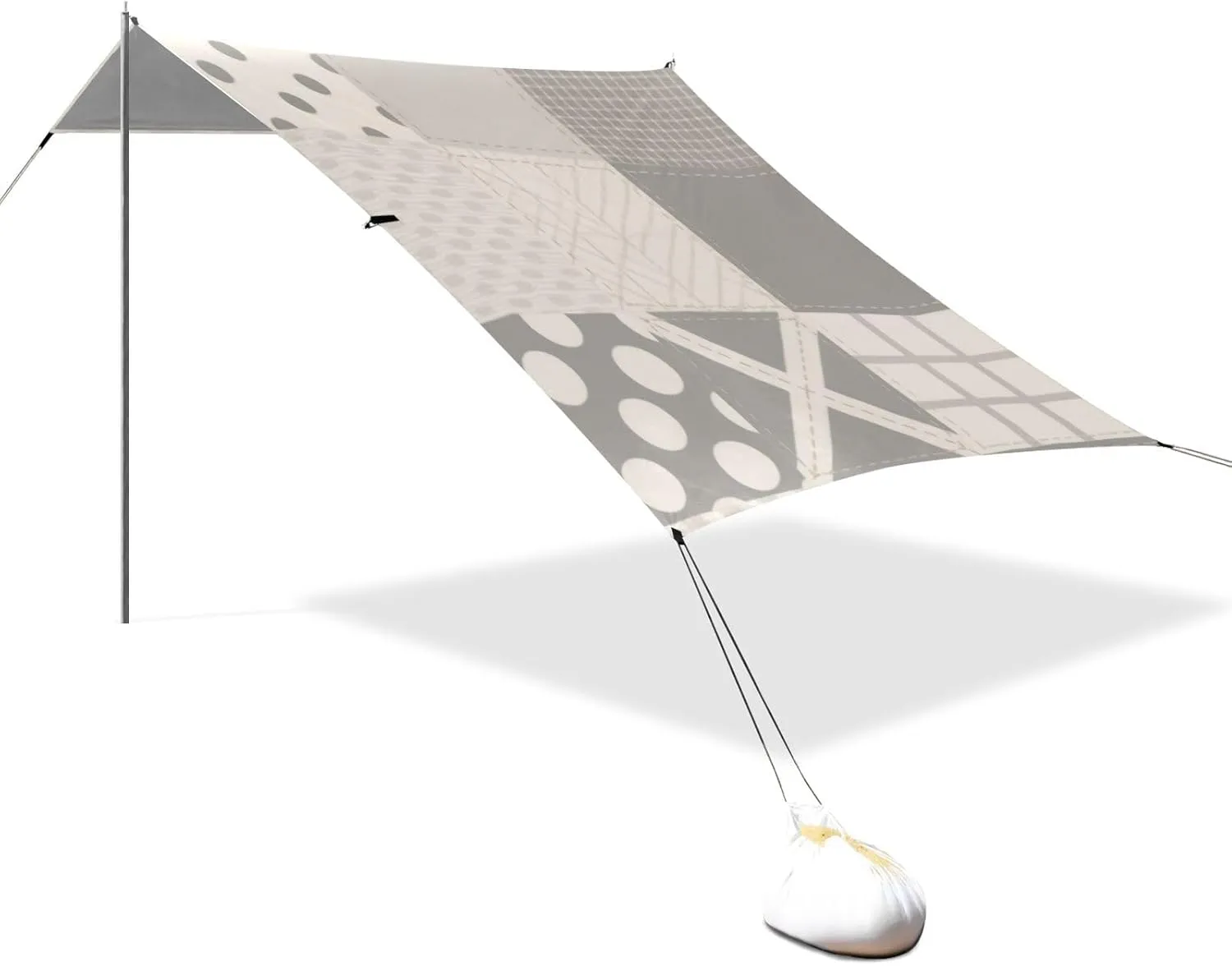 Grey Patchwork Pattern Designed UPF50 Foldable Beach Canopy Lightweight Outdoor Sun Shade with Sandbags, Sand Shovel, Poles for Camping, Picnics, Backyard paraguas para Playa