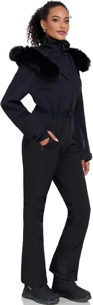 GS SNOWING Women's Ski Suit One Piece Faux Fur Collar Snowsuits Snowboard Outdoor Insulated Waterproof Windproof Jumpsuits