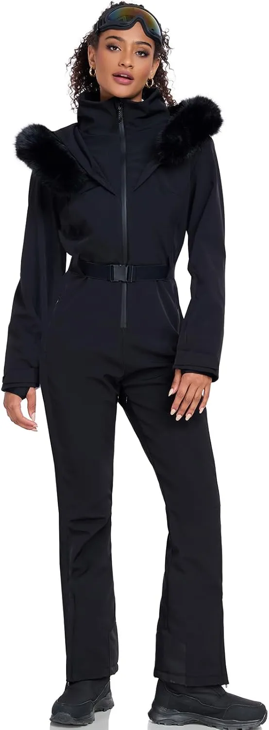 GS SNOWING Women's Ski Suit One Piece Faux Fur Collar Snowsuits Snowboard Outdoor Insulated Waterproof Windproof Jumpsuits