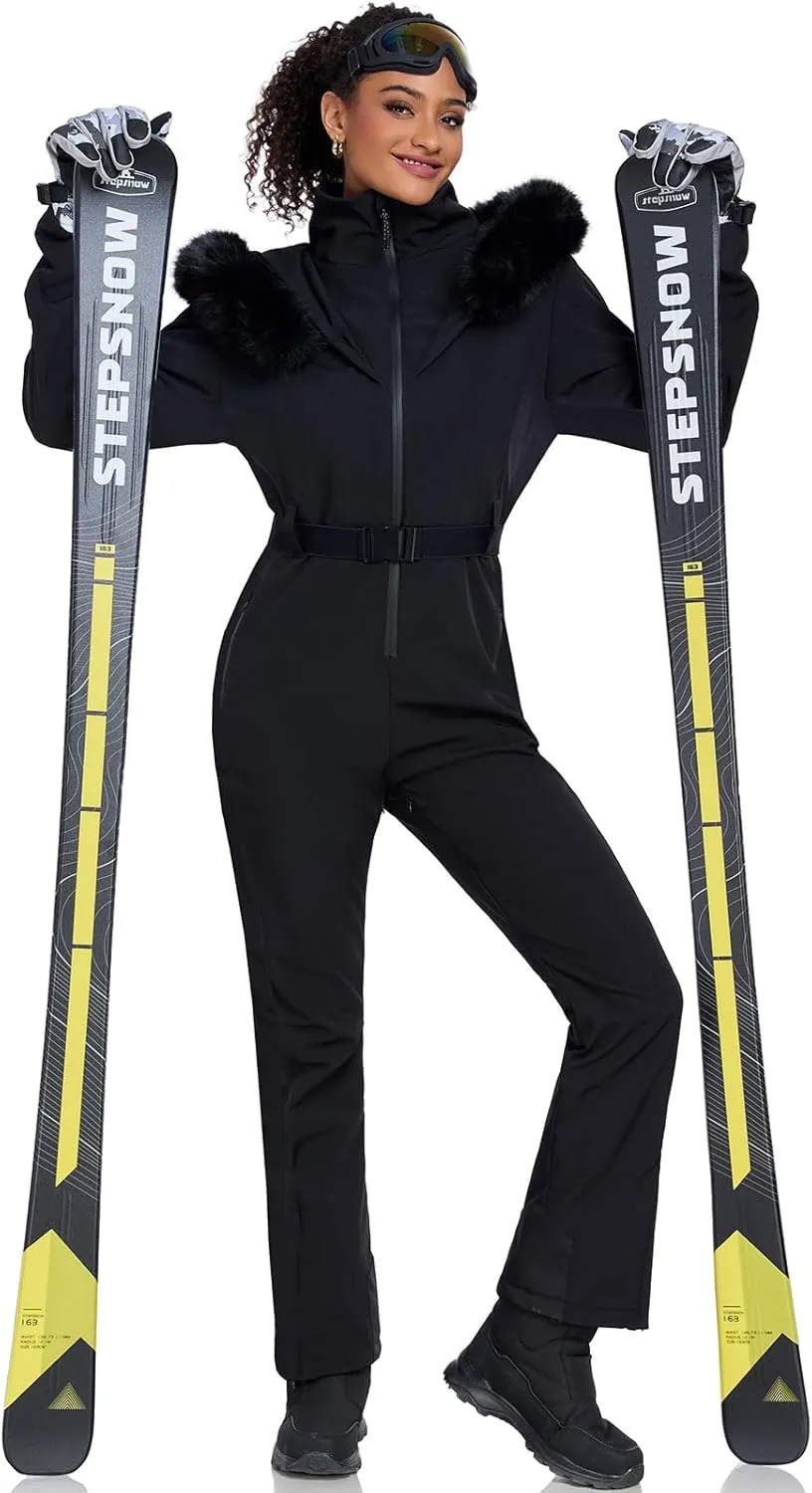 GS SNOWING Women's Ski Suit One Piece Faux Fur Collar Snowsuits Snowboard Outdoor Insulated Waterproof Windproof Jumpsuits
