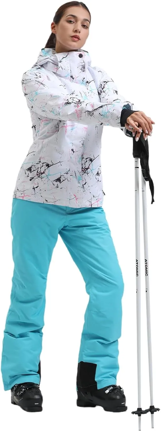 GSOU SNOW Women's Ski Jackets and Pants Set Snowboarding Snowsuit Snow Coat Hooded Waterproof Windproof