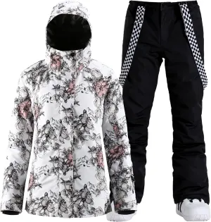 GSOU SNOW Women's Ski Jackets and Pants Set Snowboarding Snowsuit Snow Coat Hooded Waterproof Windproof
