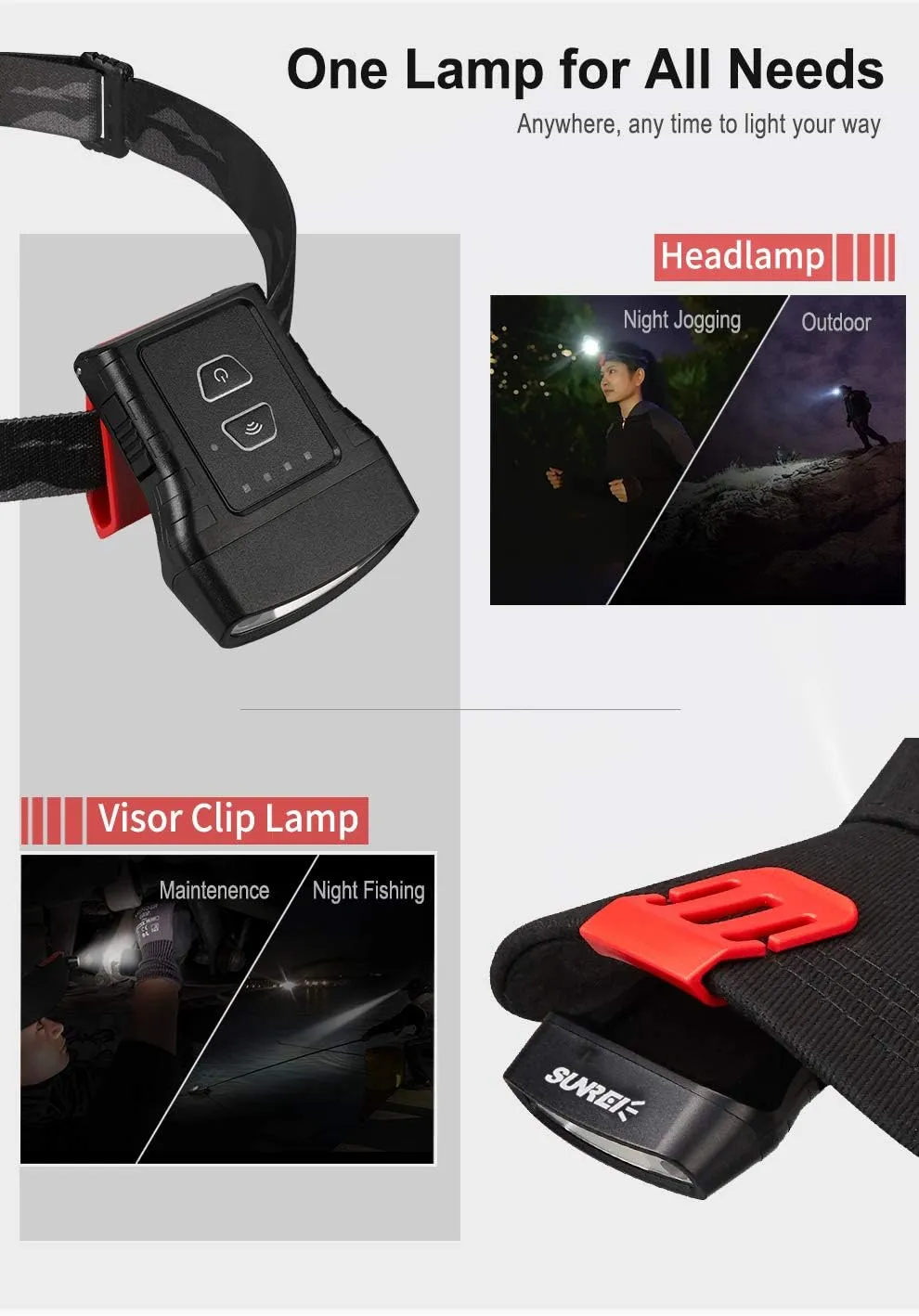 H100 Rechargeable Motion Sensor Cap Visor Light 100 Lumens COB LED Clip on Hat Grey Light - Headlamp with Red Light for Fishing Running Camping Reading （Grey） (Grey)