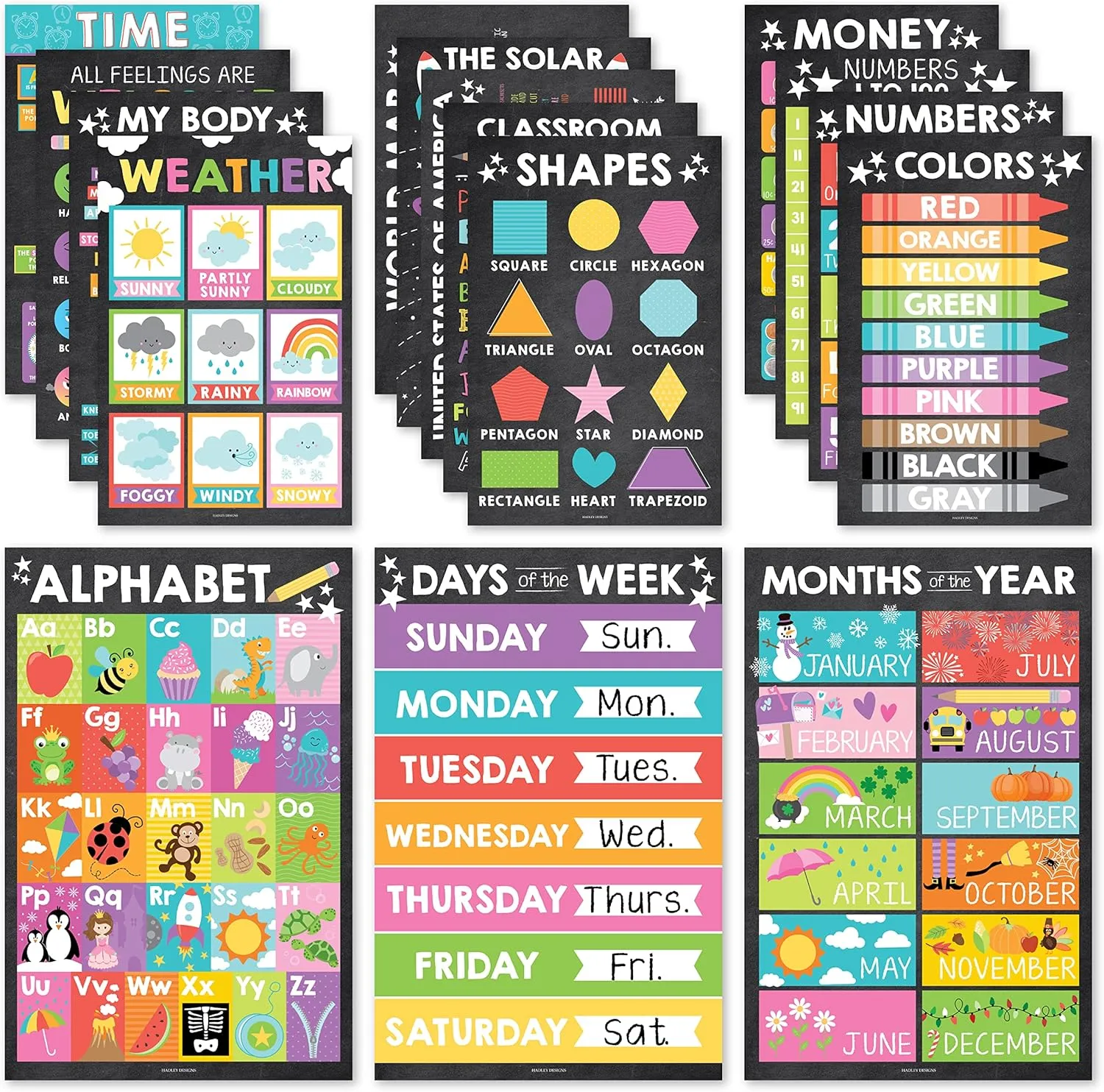 Hadley Designs 16 Educational Posters for Classroom & Kindergarten, Kindergarten Classroom Must Haves, Laminated PreK Learning Chart Materials US & World Map, ABC Alphabet, Shapes, Days of the Week