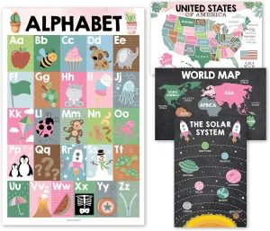 Hadley Designs 4 Alphabet, Map of United States, World Map, & Solar System Posters - Laminated ABC Charts for Toddlers Wall Decor, Cactus Posters for Kindergarten, Prek Classroom or Homeschool 11x17
