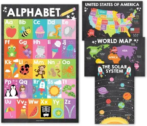 Hadley Designs 4 Alphabet, Map of United States, World Map, & Solar System Posters - Laminated ABC Charts for Toddlers Wall Decor, Chalk Posters for Kindergarten, Prek Classroom or Homeschool 11x17