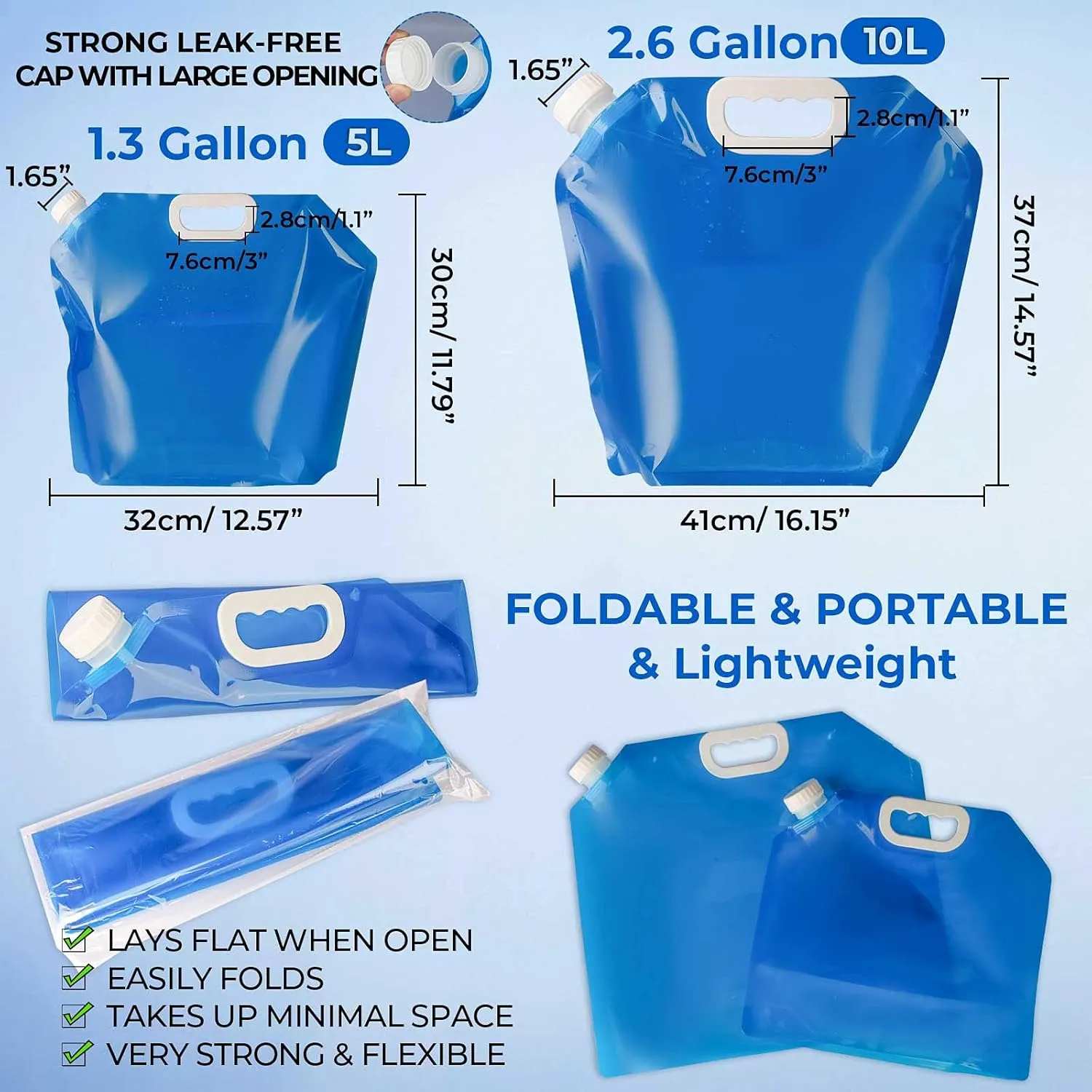 Hakkin Collapsible Water Container Bag 8 Pcs 5L/(1.3 Gallon), No-Leak Freezable Portable BPA Free Food Grade Plastic Storage Jug for Camping, Hiking, Travel, Emergency Survival Kit Bonus 2 Pcs Caps