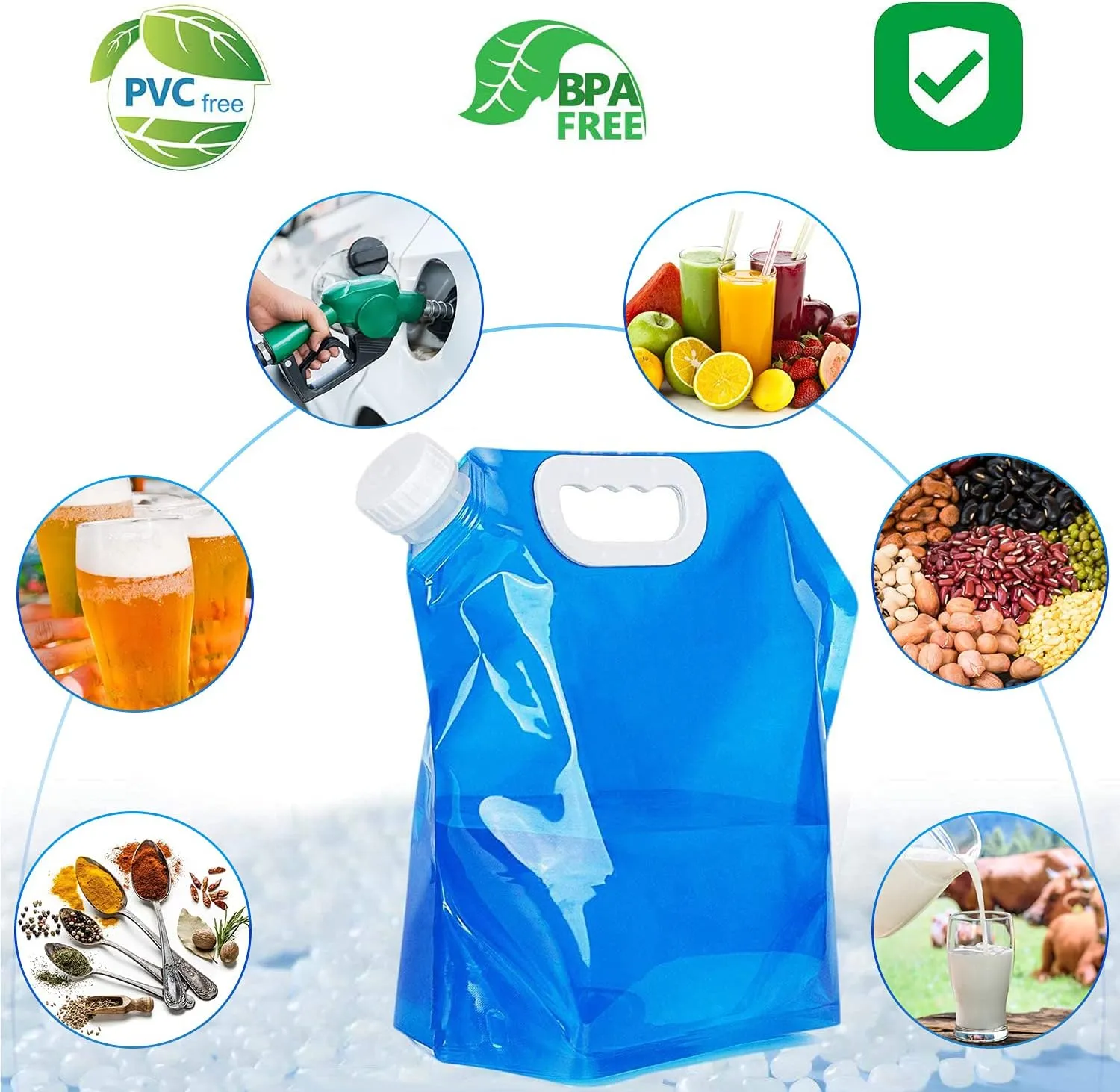 Hakkin Collapsible Water Container Bag 8 Pcs 5L/(1.3 Gallon), No-Leak Freezable Portable BPA Free Food Grade Plastic Storage Jug for Camping, Hiking, Travel, Emergency Survival Kit Bonus 2 Pcs Caps