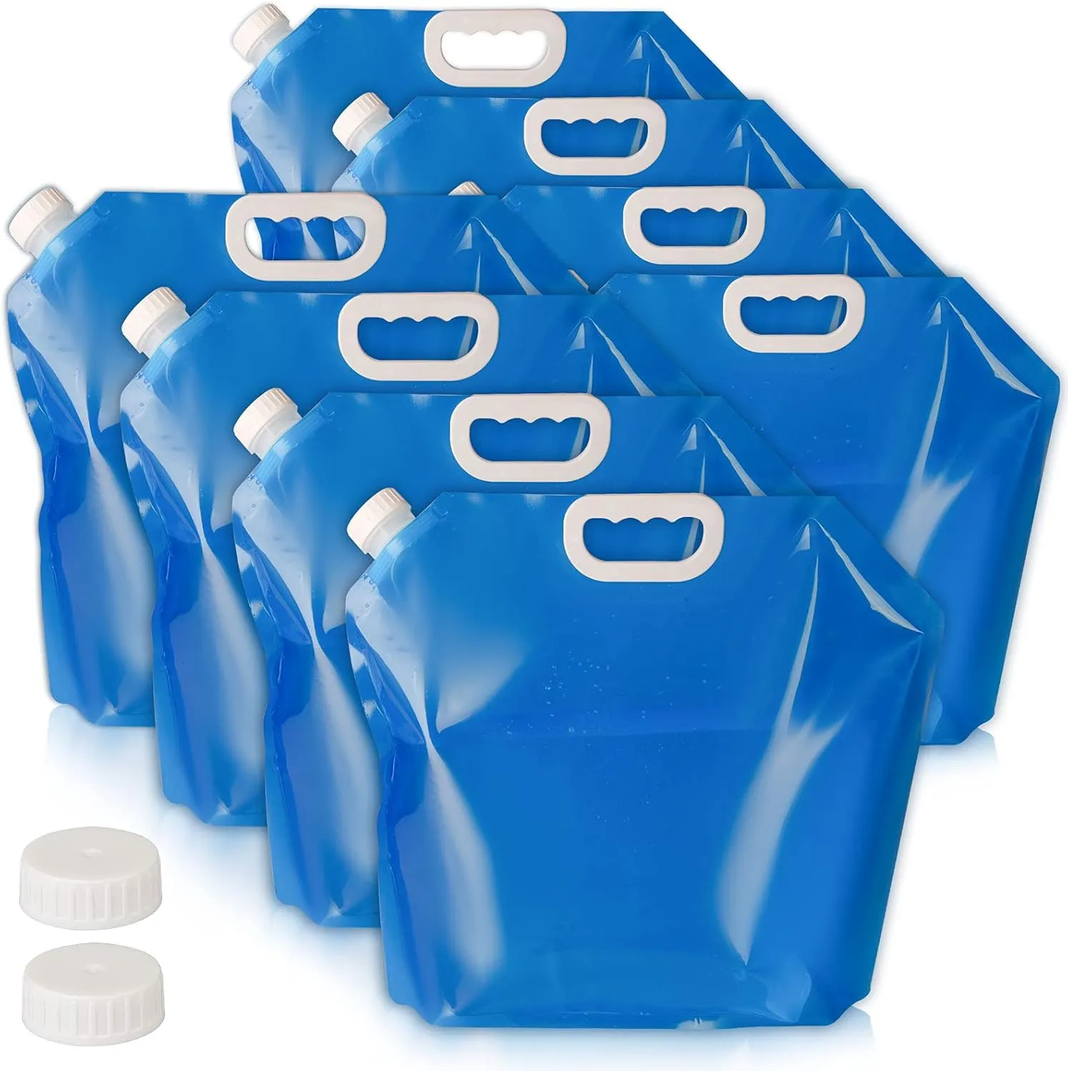 Hakkin Collapsible Water Container Bag 8 Pcs 5L/(1.3 Gallon), No-Leak Freezable Portable BPA Free Food Grade Plastic Storage Jug for Camping, Hiking, Travel, Emergency Survival Kit Bonus 2 Pcs Caps