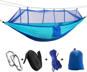 Hammock with Mosquito Net,Outdoor Double Camping Hammock,Lightweight Nylon Parachute Hammocks for Hiking Travel Beach Blue 260x140cm