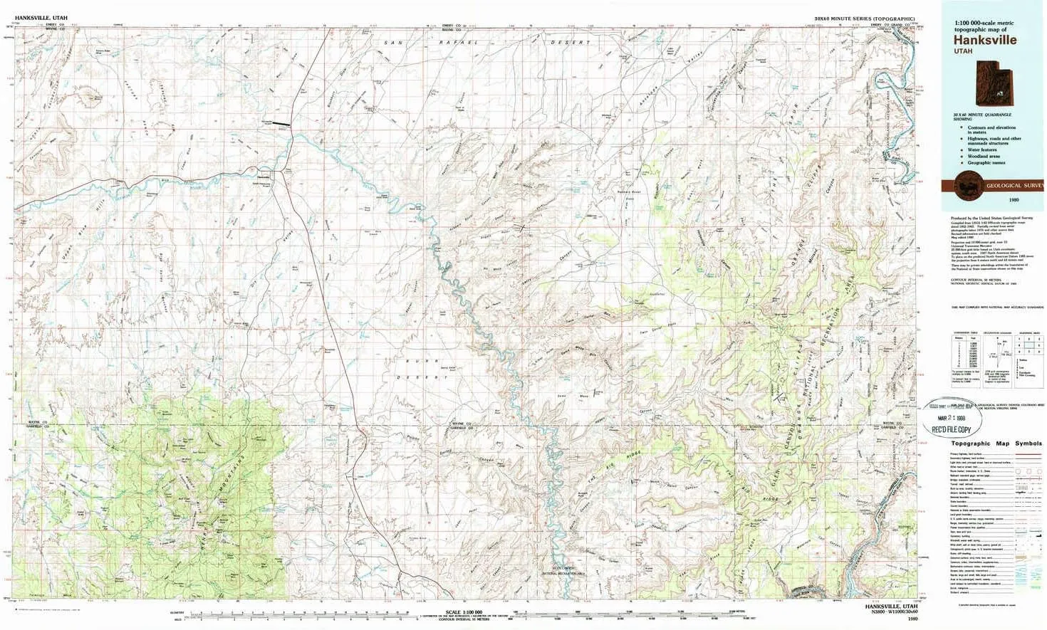 Hanksville UT topo map, 1:100000 Scale, 30 X 60 Minute, Historical, 1980, Updated 1987, 24.1 x 40.8 in