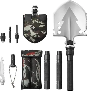 Happybuy Survival Shovel, 11-in-1 Folding Multitool, Military Grade, Compact, for Camping & Outdoor Adventures