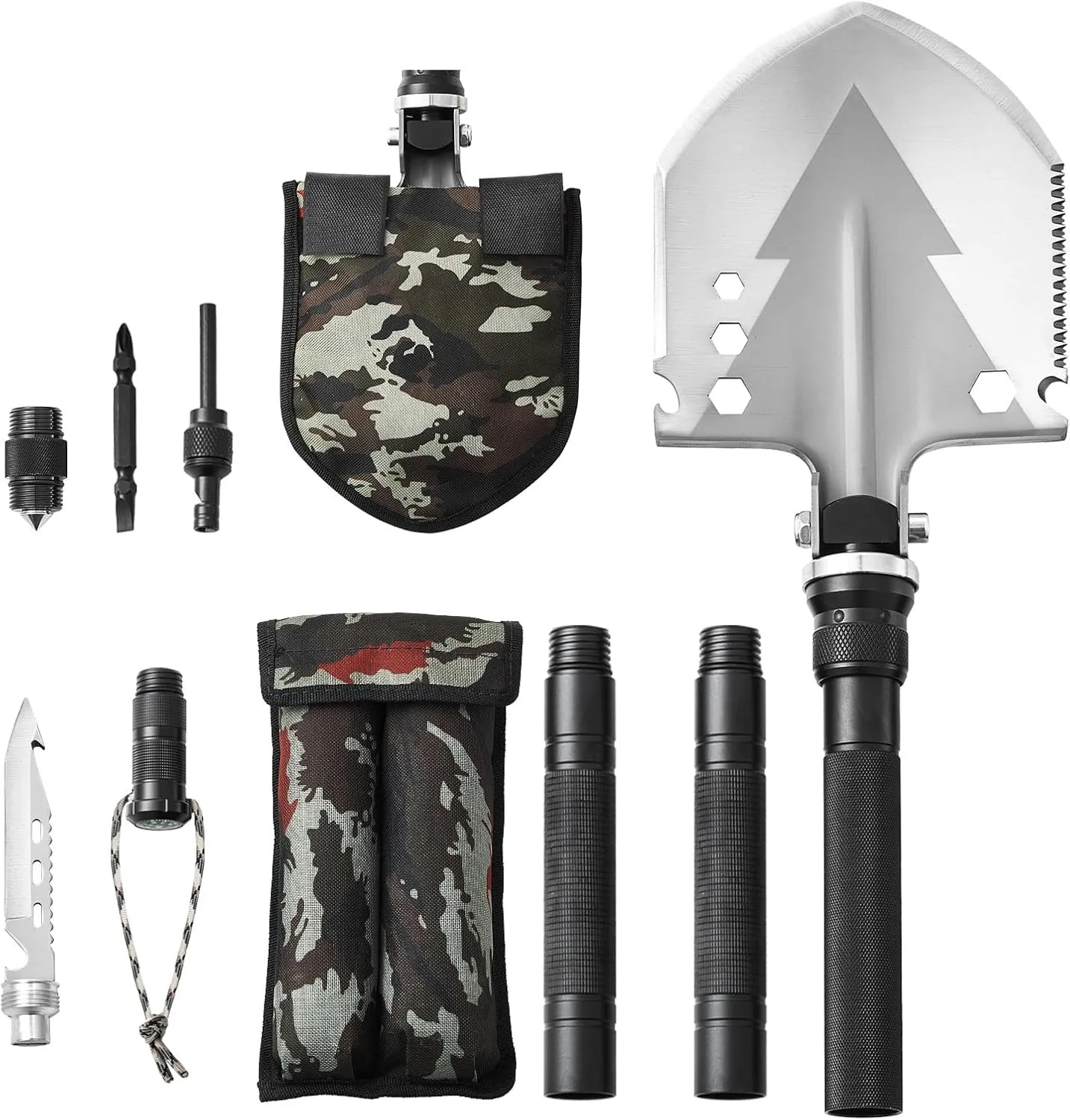 Happybuy Survival Shovel, 11-in-1 Folding Multitool, Military Grade, Compact, for Camping & Outdoor Adventures